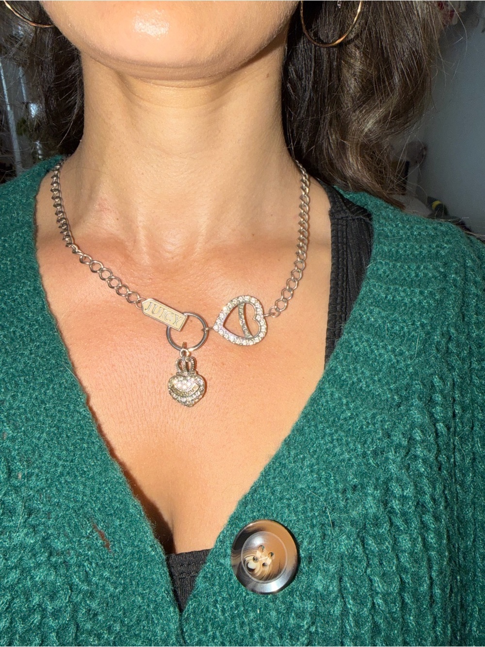 Juicy Couture Silver Tone Double Heart Charm Necklace with Crystal Accents